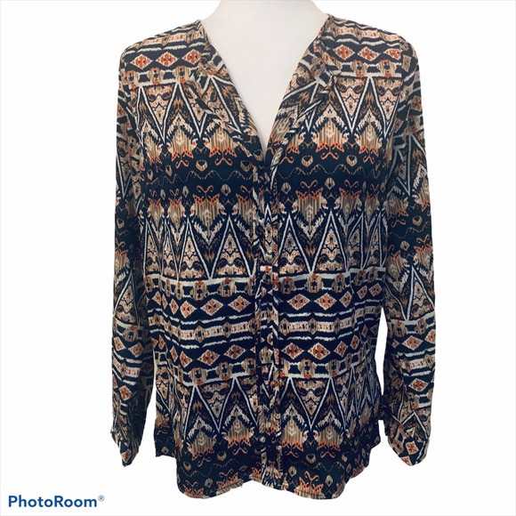 Under Skies Aztec Pattern V-Neck Long Sleeve Blouse Navy and Tan S - Picture 1 of 6